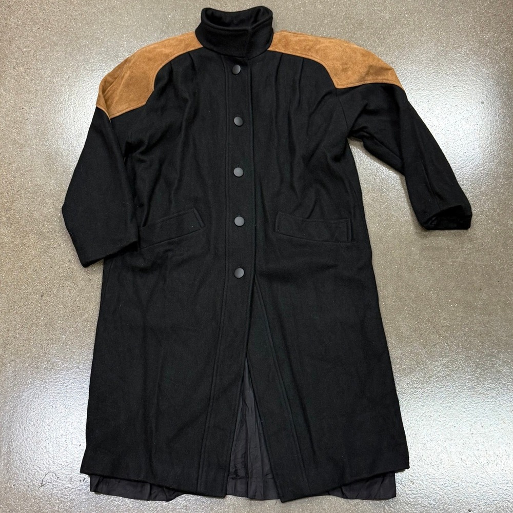 Michelle Francois Vintage 80s Wool Western Coat Black Tan Suede Trim Made in USA